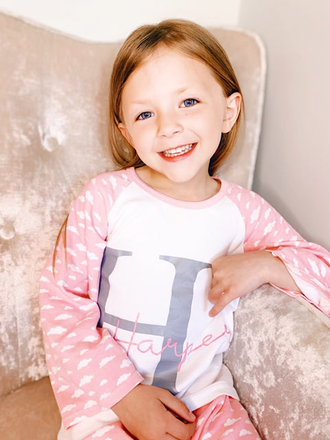 Baby and Kids Personalised Large Initial Pink Cloud Cotton Pyjamas